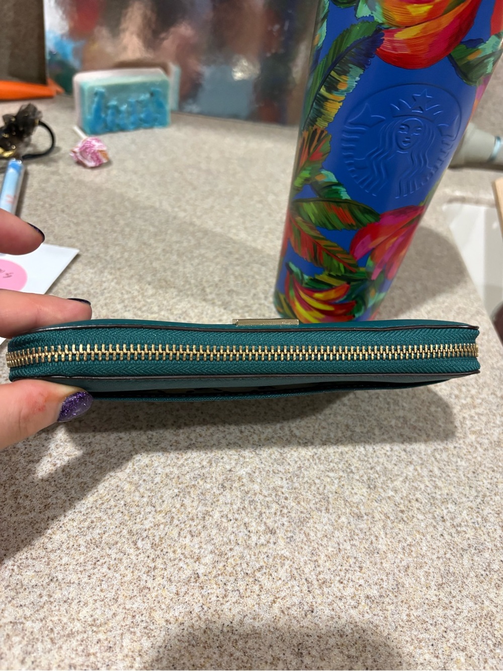 kate spade Teal Zip-Around Wristlet Wallet with Gold Hardware - Picture 7 of 9